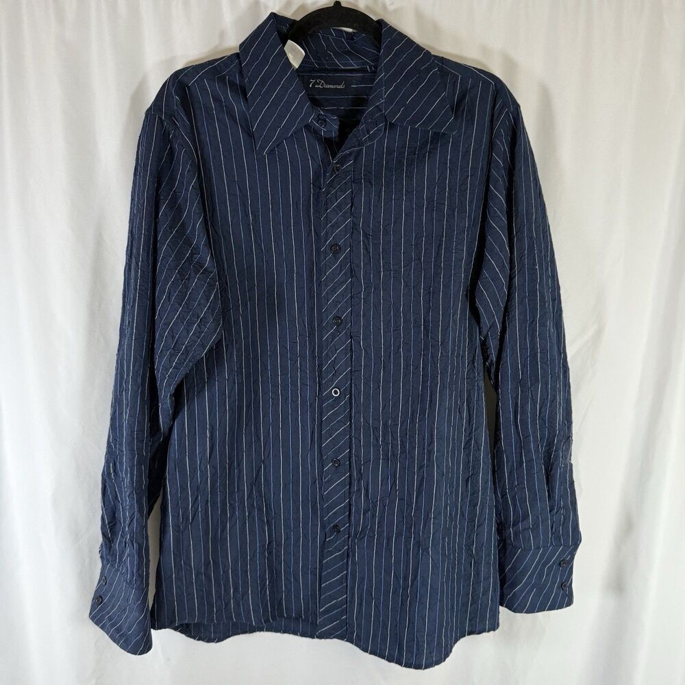 7 Diamonds Dress Shirt Men's Large Blue Striped Button Up Long Sleeve